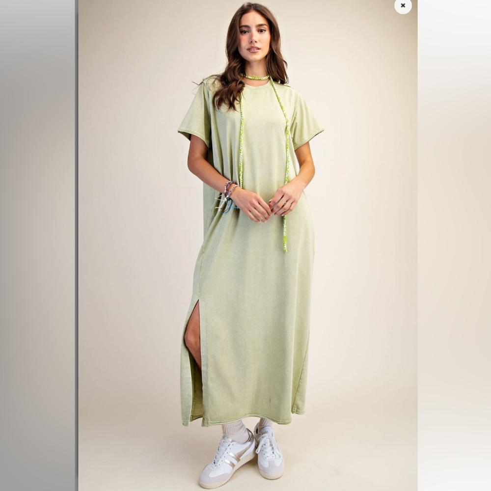 059 EASEL SML NWT Casual Green Maxi Shirt Dress WASHED TERRY MIDI Cotton Summer